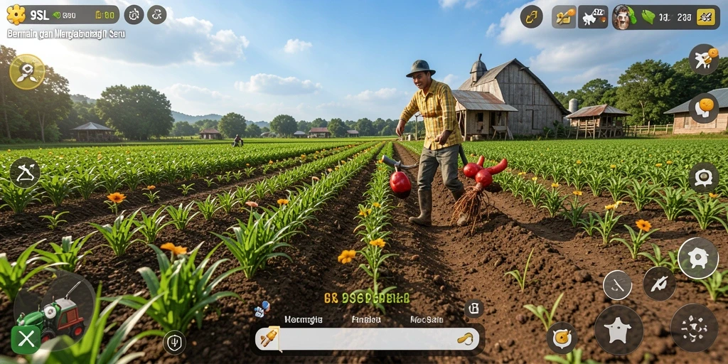 Screenshot menunjukkan permainan 9SL dengan grafik pertanian yang menarik.