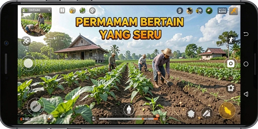 Tampilan gameplay DMD686 yang menggambarkan suasana pertanian yang hidup.
