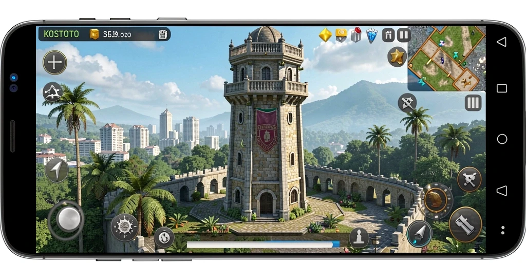 Screenshot utama KOSTOTO menampilkan aksi menara dalam melawan musuh.