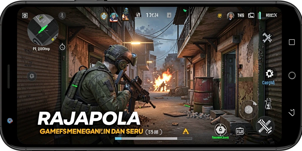 Screenshot utama menampilkan aksi seru dalam gameplay FPS RAJAPOLA.