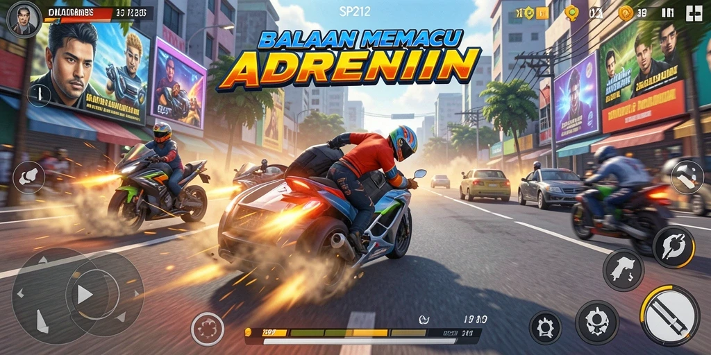 Screenshot gameplay SP212 yang memperlihatkan balapan seru di trek berliku.