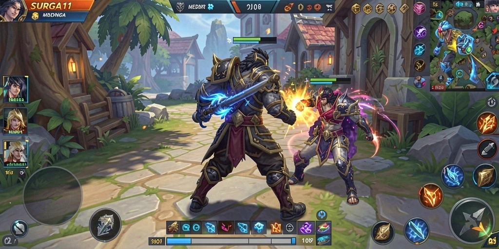 Tampilan gameplay epik dari SURGA11 dalam arena MOBA yang penuh aksi.