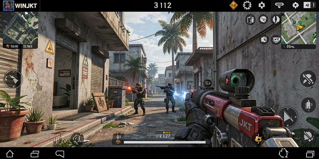 Screenshot gameplay <strong>WINJKT</strong> menampilkan aksi tembak-menembak yang intens di medan perang.